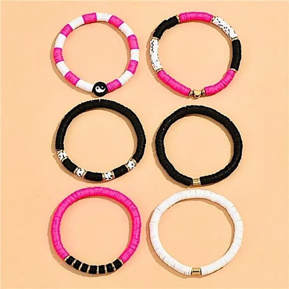 Boho Yin Yang Heishi Bead Bracelet Stack Pink Black White Gold Clay Disk Jewelry